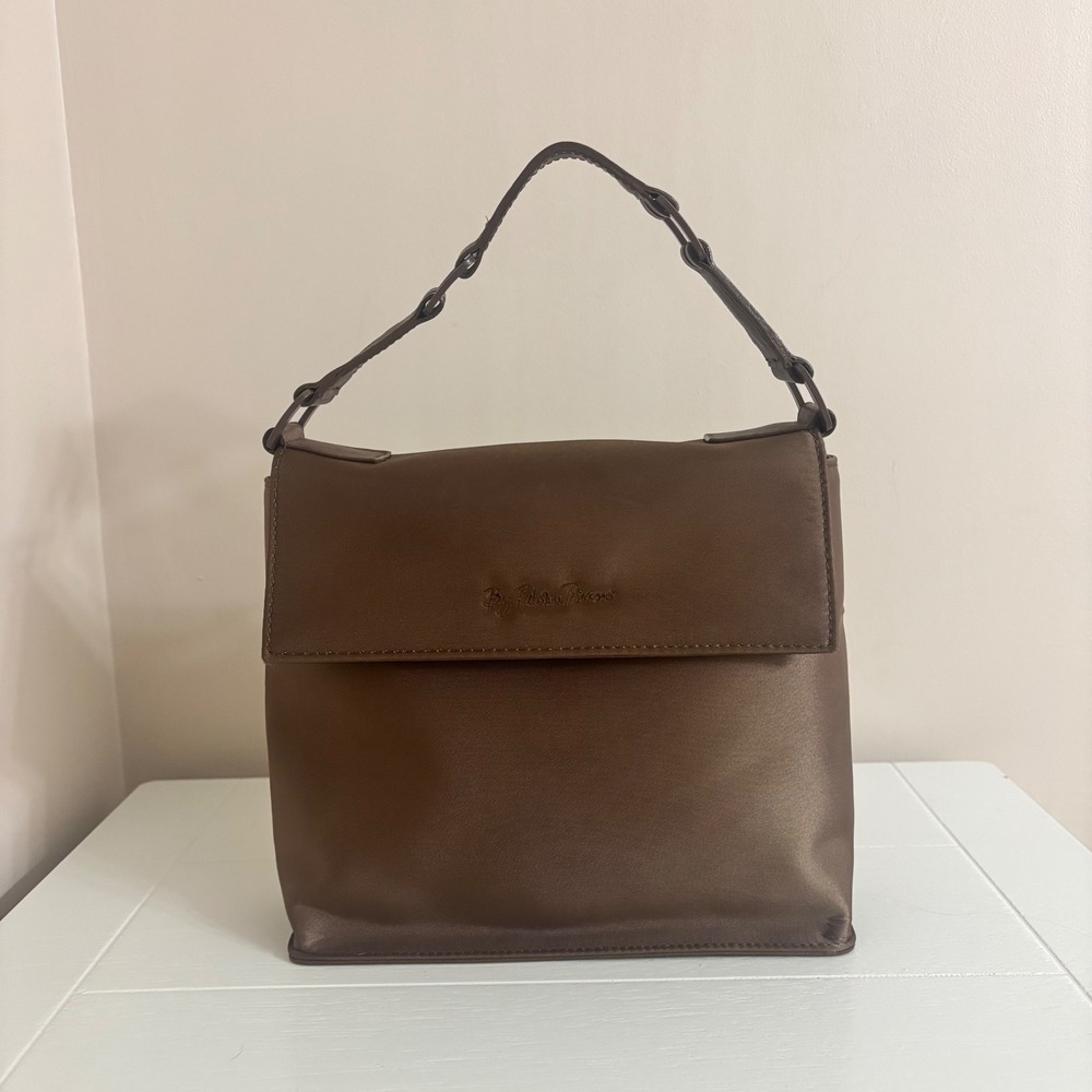 Vintage 90s Paloma Picasso Brown Satin Shoulder Bag Embroidered Flap Handbag